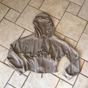 Taupe pullover top with corset detailing